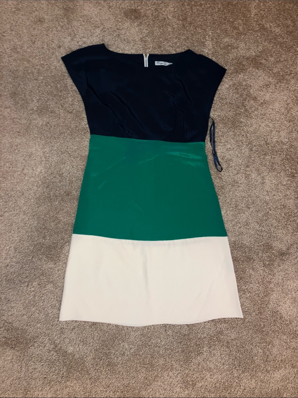 Eliza J Navy, Green & Cream Colorblock 100% silk  Dress